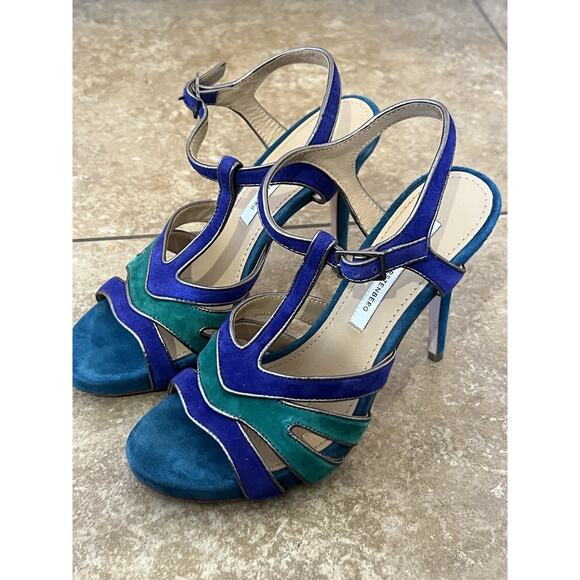 Diane Von Furstenberg DVF Women pumps 7M Green purple gold trim suede Shoes - Picture 1 of 6